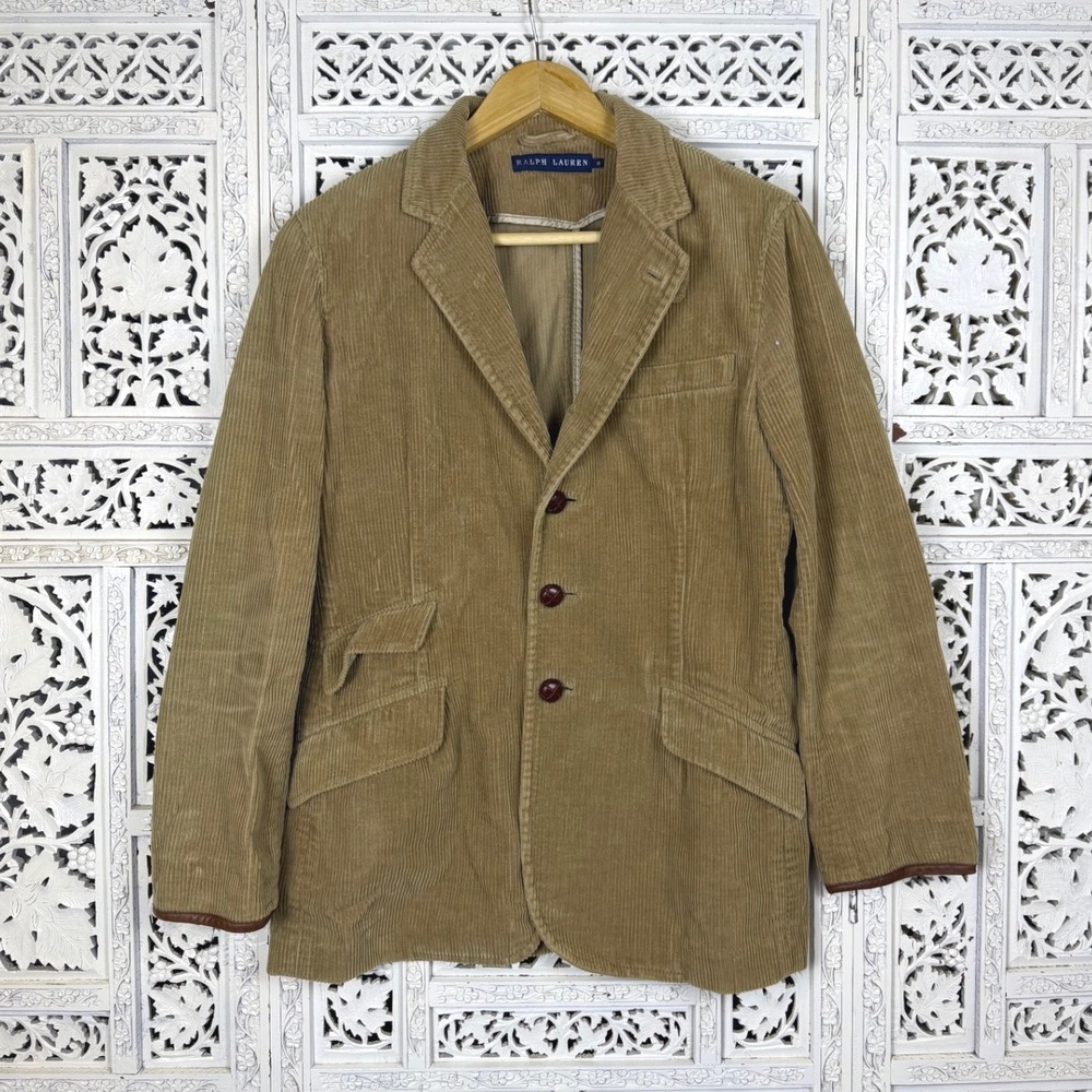 Vtg‎ Ralph Lauren Tan Corduroy Blazer Leather Elbow Patch Sz Womens 8 Equestrian